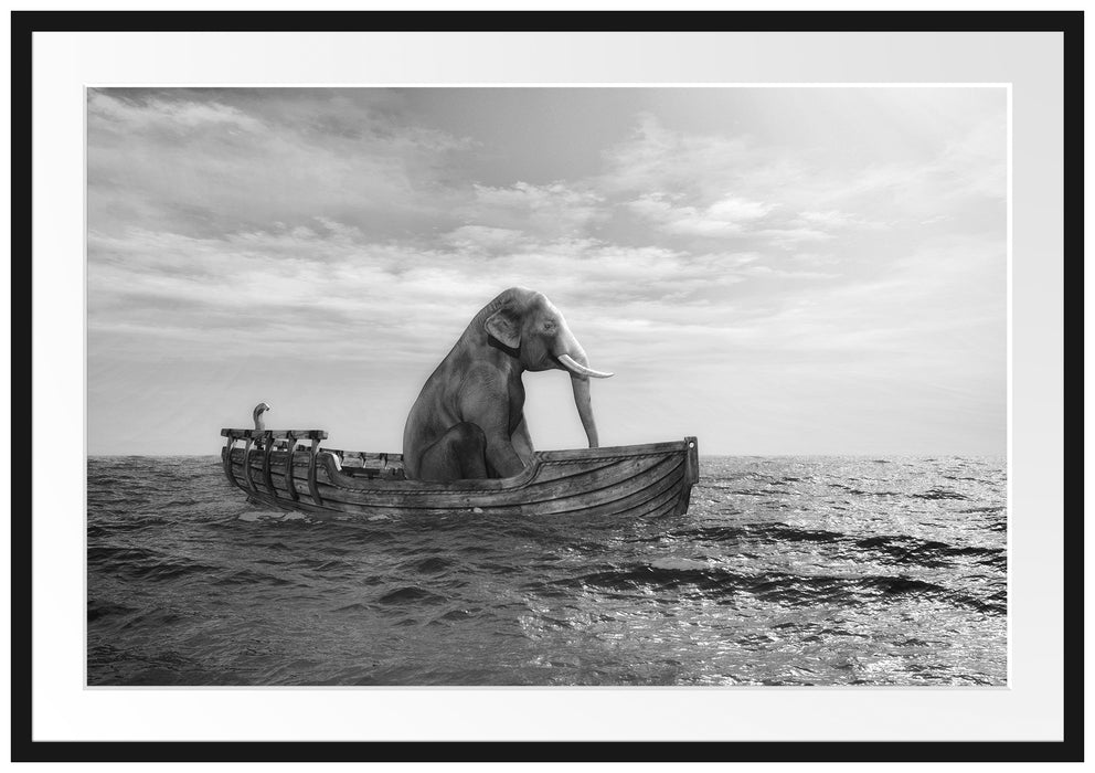 Pixxprint sitzender Elefant im Boot, im Galerie-Passepartout Bilderrahmen