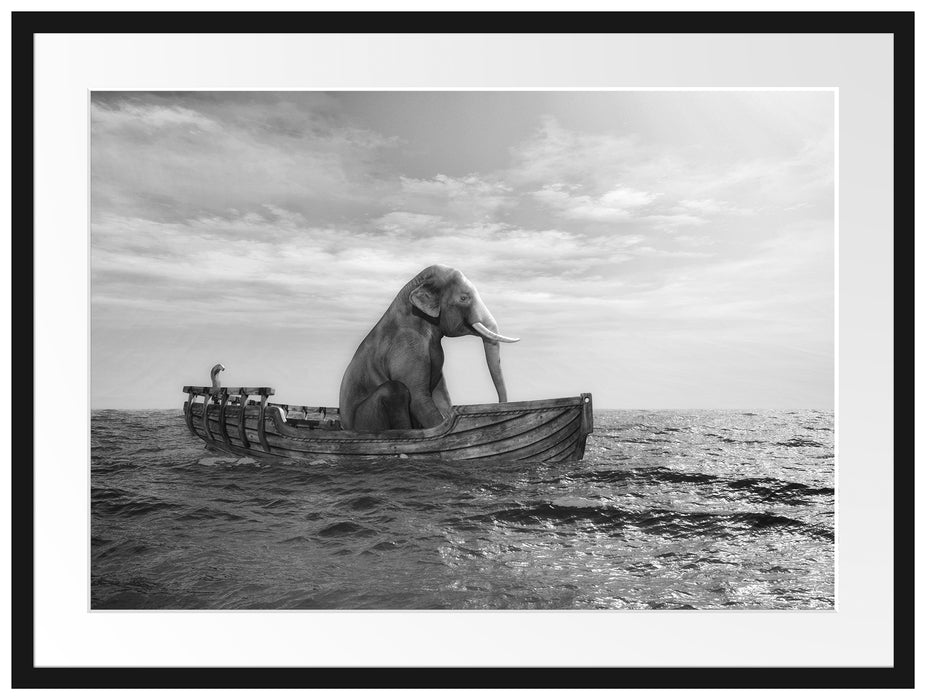 sitzender Elefant im Boot Passepartout 80x60