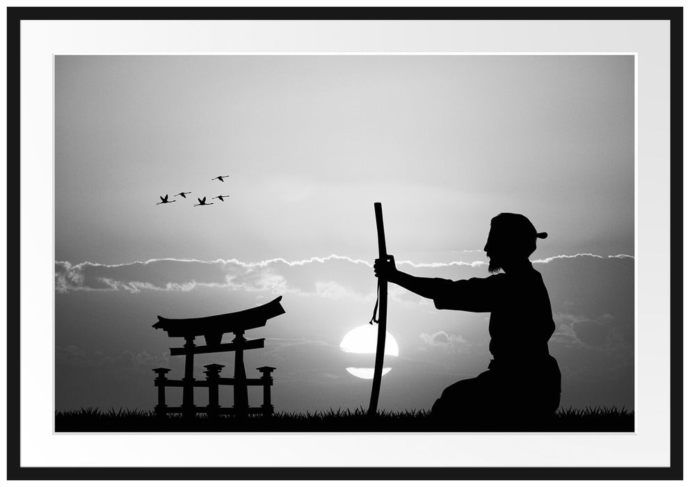 Pixxprint Samurai-Meister vor Horizont, im Galerie-Passepartout Bilderrahmen