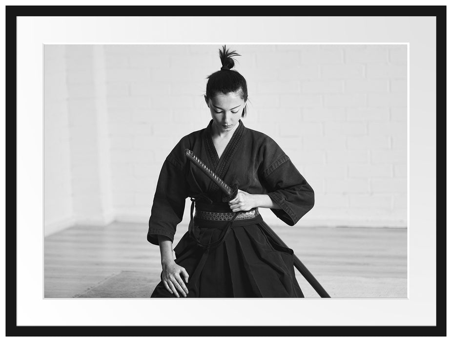 stolze Samurai-Kriegerin Kunst B&W Passepartout 80x60