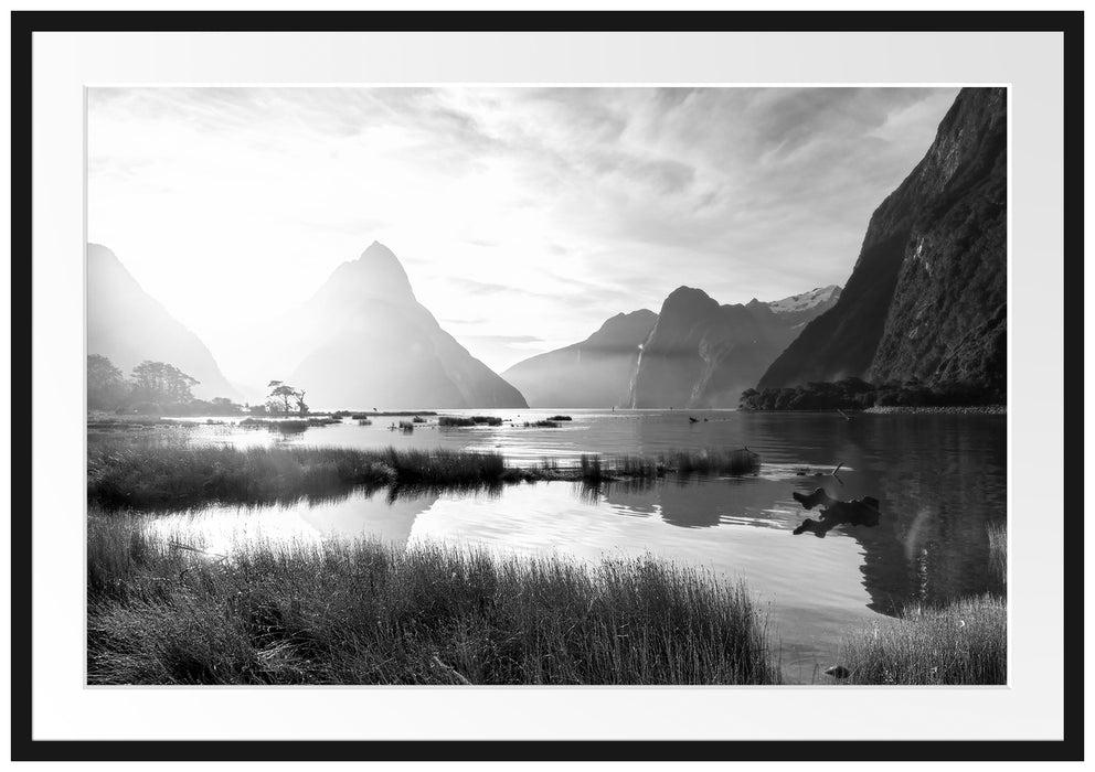 Pixxprint Milford Sound Neuseeland, im Galerie-Passepartout Bilderrahmen