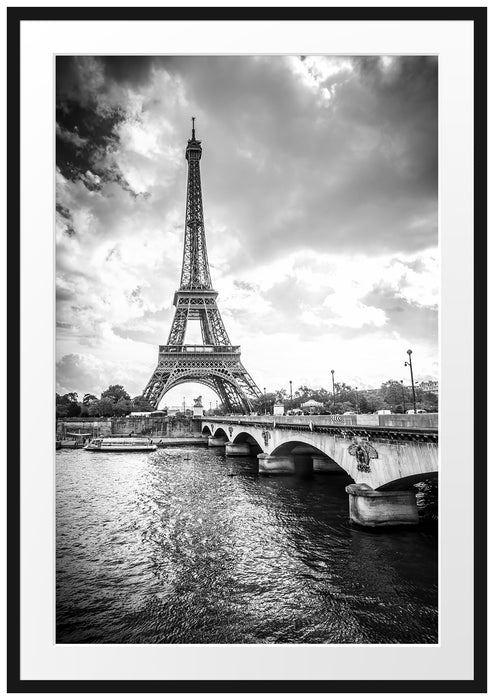 Pixxprint Eiffelturm in Paris Kunst B&W, im Galerie-Passepartout Bilderrahmen