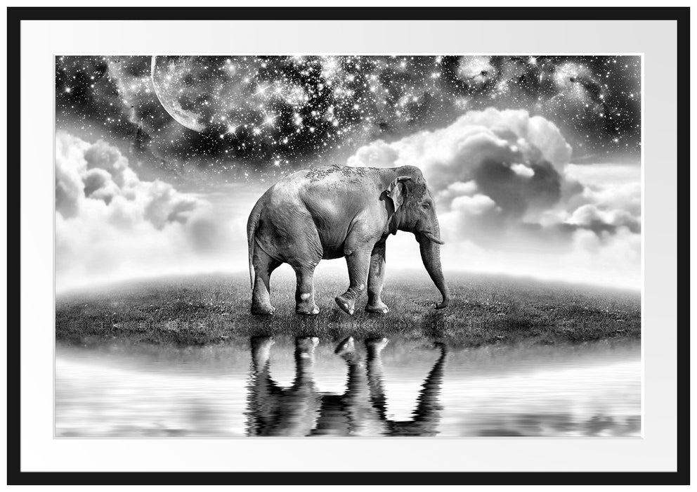 Pixxprint Elefant, Wiese, Himmel, Afrika, im Galerie-Passepartout Bilderrahmen