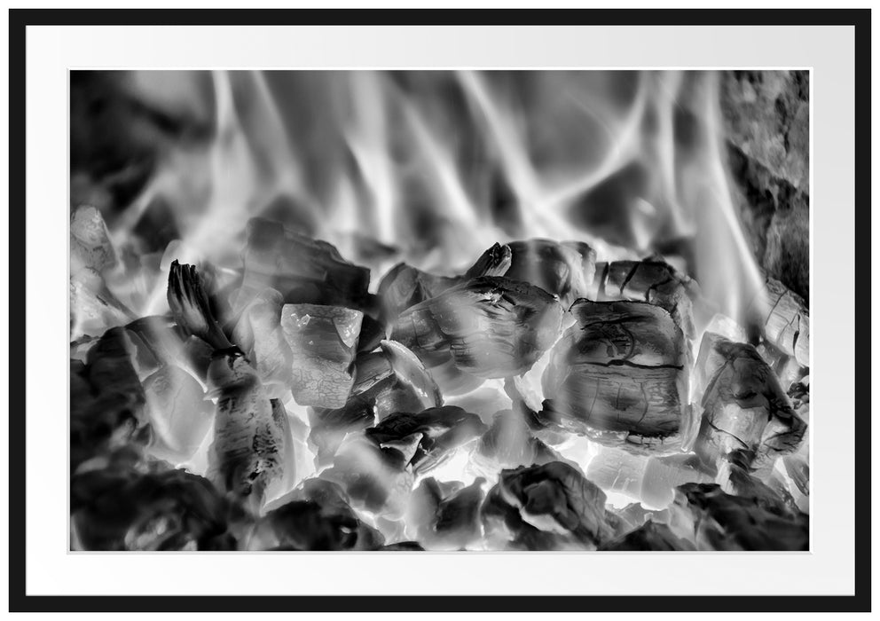 Pixxprint Holzkohle Feuer, im Galerie-Passepartout Bilderrahmen