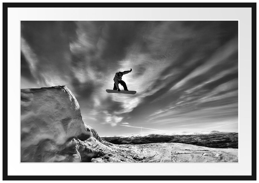 Pixxprint Snowboard Sprung, Extremsport, im Galerie-Passepartout Bilderrahmen