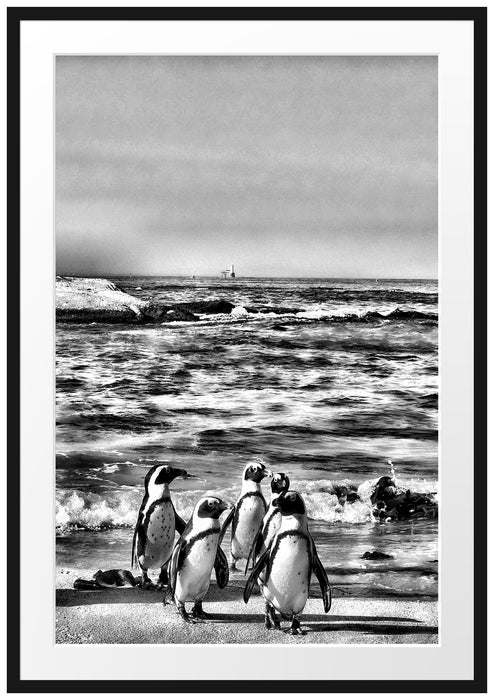 Pixxprint Pinguine am Strand, im Galerie-Passepartout Bilderrahmen