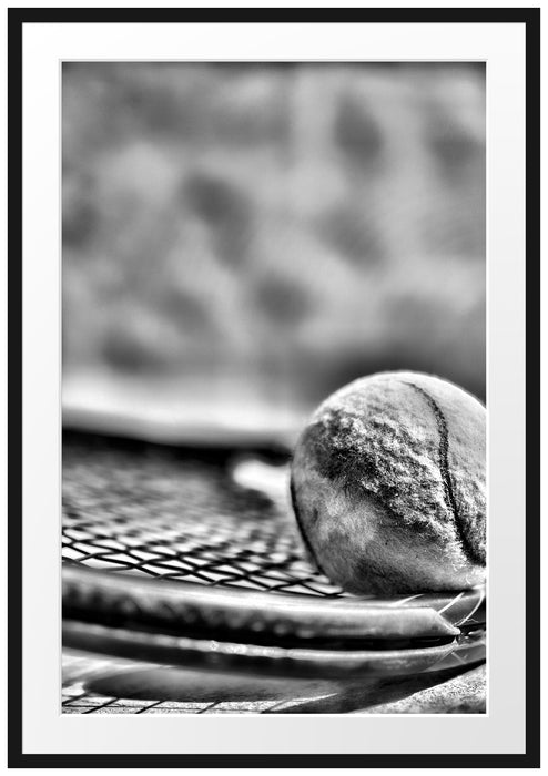 Pixxprint Tennischläger mit Bällen, im Galerie-Passepartout Bilderrahmen