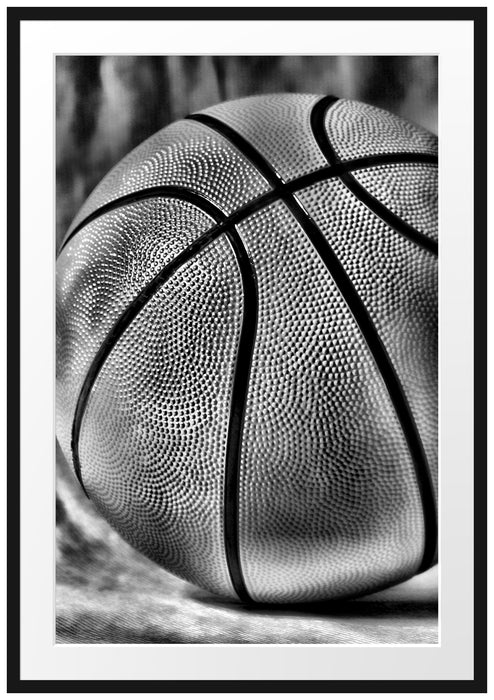 Pixxprint Basketball schwarzer Hintergrund, im Galerie-Passepartout Bilderrahmen