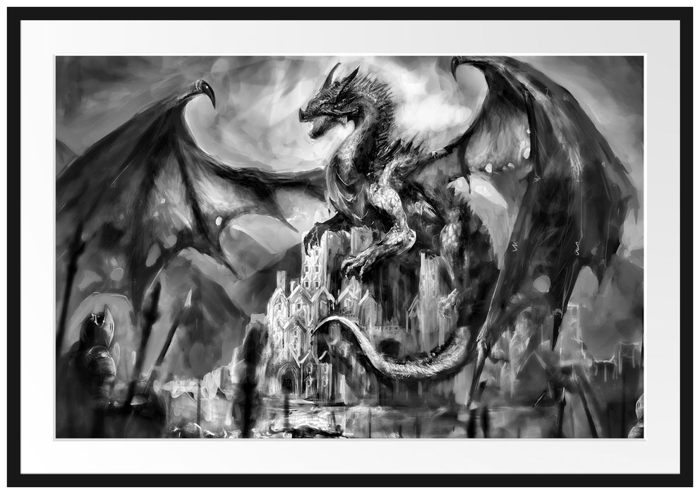 Pixxprint Drache schützend über Burg, im Galerie-Passepartout Bilderrahmen