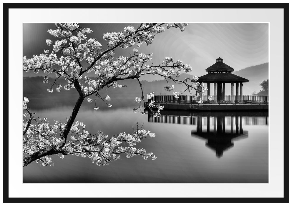 Pixxprint Kirschbaum an See, im Galerie-Passepartout Bilderrahmen