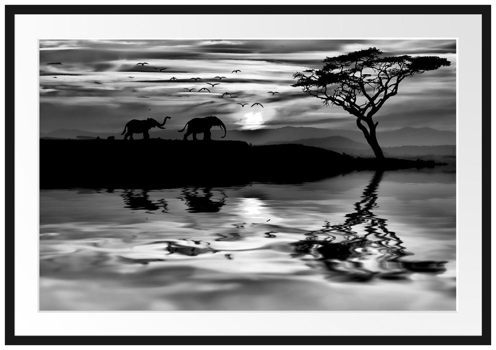 Pixxprint Elefanten in Afrikanischer Steppe, im Galerie-Passepartout Bilderrahmen