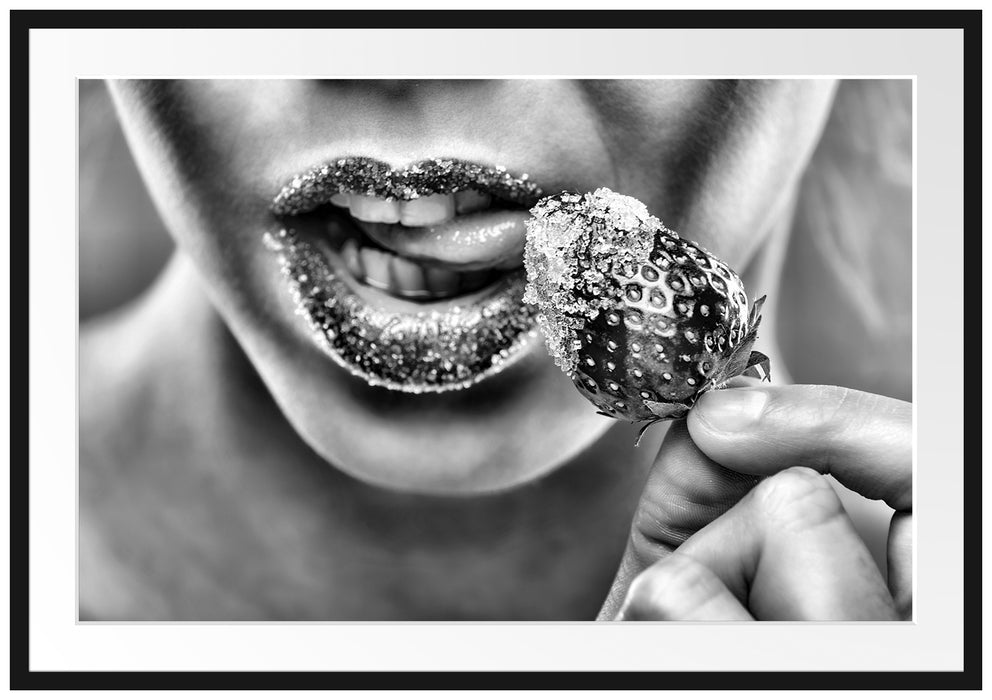 Pixxprint Erdbeere Zucker Lippen, im Galerie-Passepartout Bilderrahmen