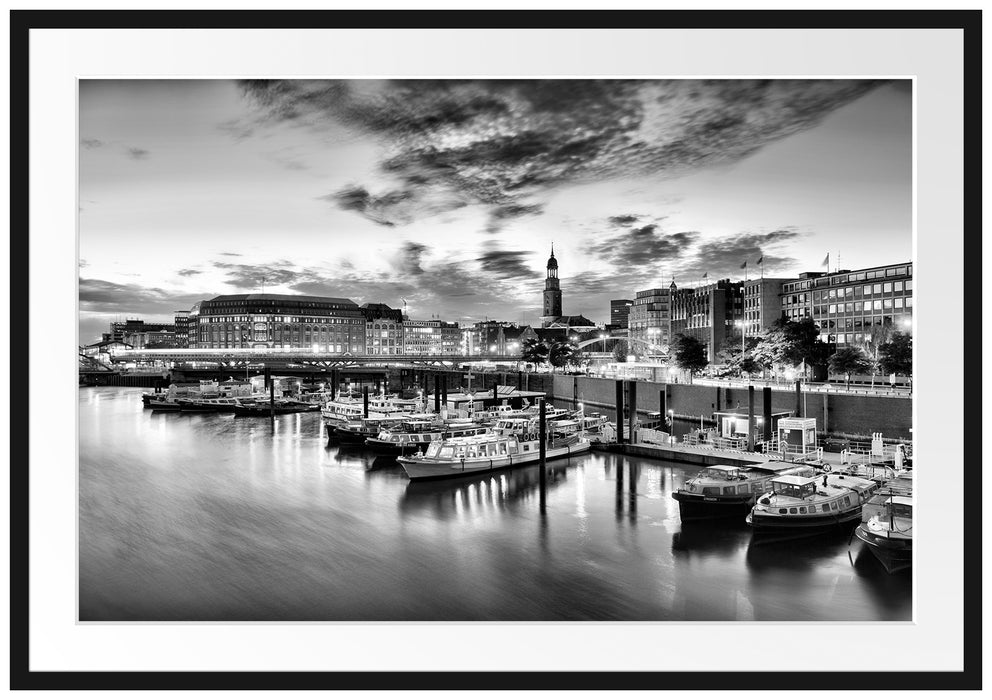 Pixxprint Hamburger Hafen am Abend, im Galerie-Passepartout Bilderrahmen