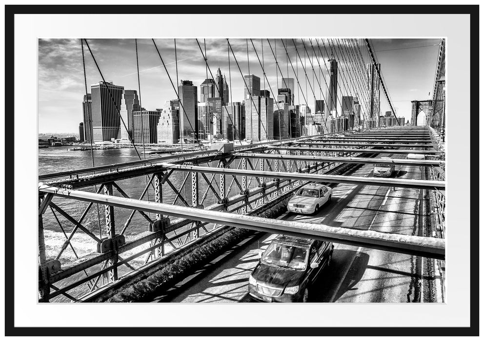 Pixxprint Gelbes Taxi in New York auf Brücke, im Galerie-Passepartout Bilderrahmen