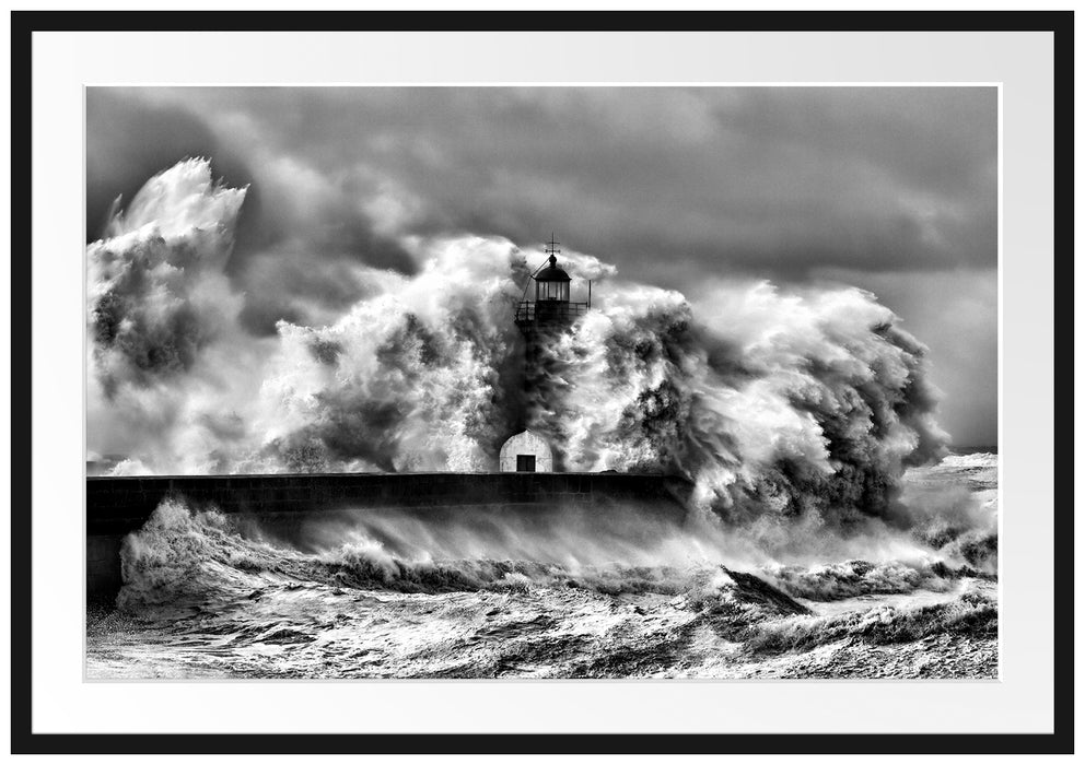 Pixxprint Leuchtturm im Sturm, im Galerie-Passepartout Bilderrahmen