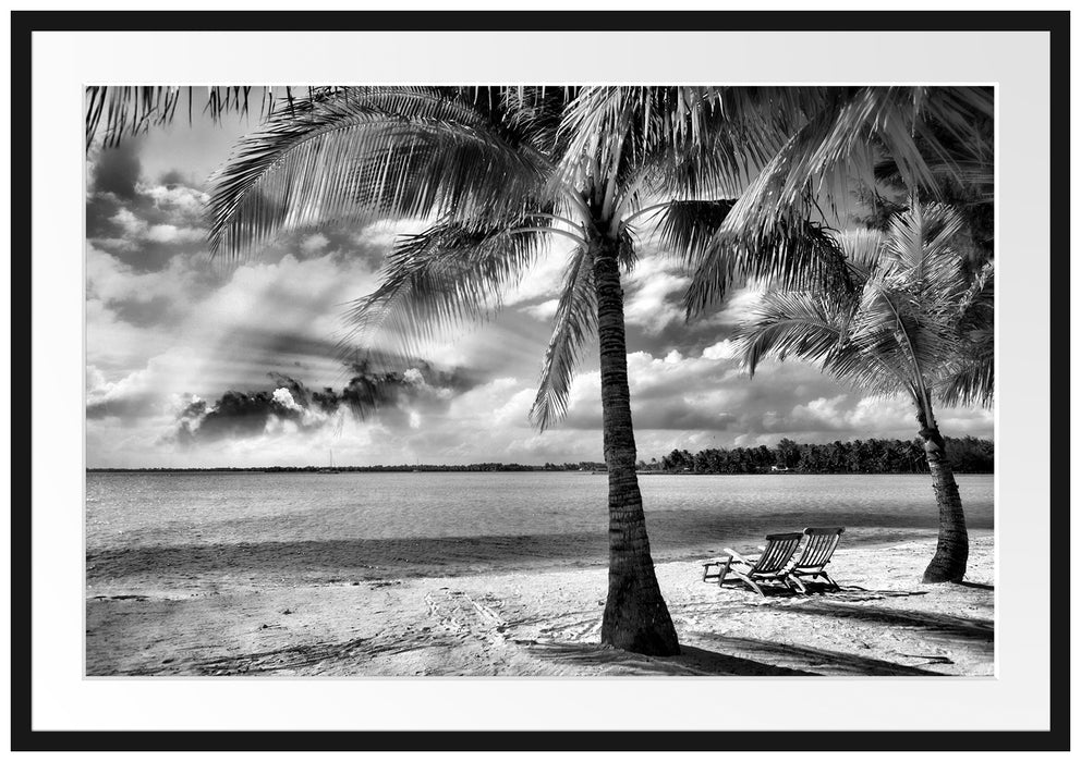 Pixxprint Liegestühle Strand, im Galerie-Passepartout Bilderrahmen