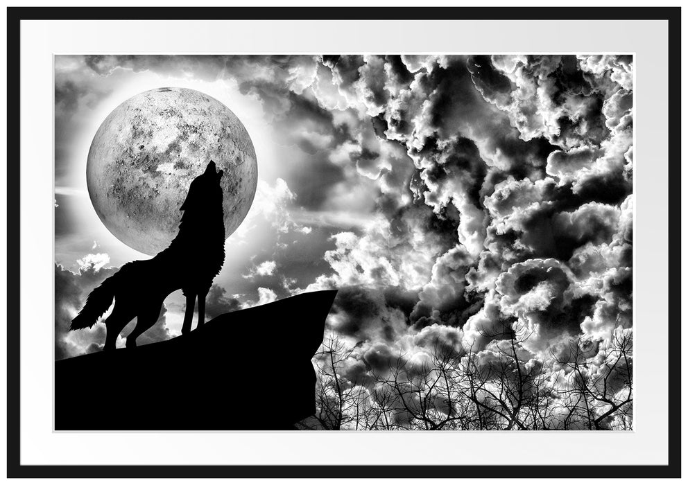 Pixxprint Wolf heult den Mond an, im Galerie-Passepartout Bilderrahmen