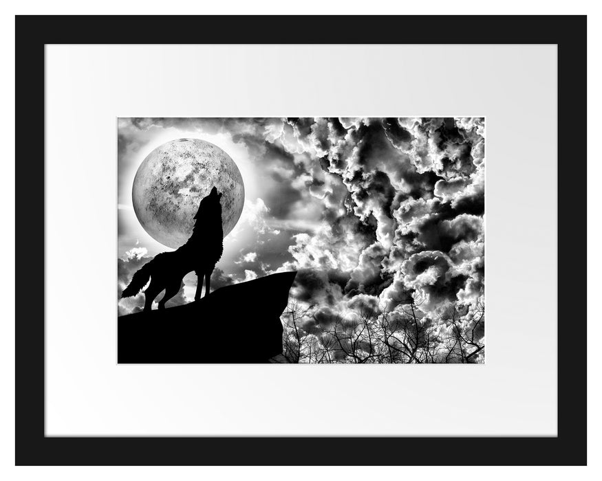 Wolf heult den Mond an Passepartout 38x30
