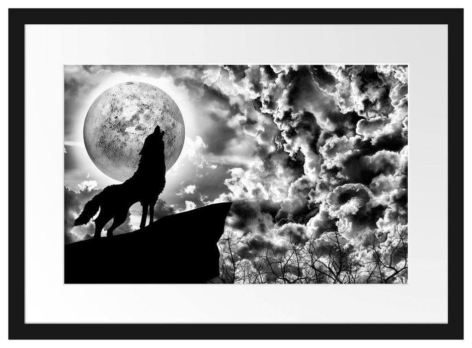 Wolf heult den Mond an Passepartout 55x40