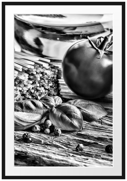 Pixxprint Spaghetti mit Tomaten und Parmesan, im Galerie-Passepartout Bilderrahmen