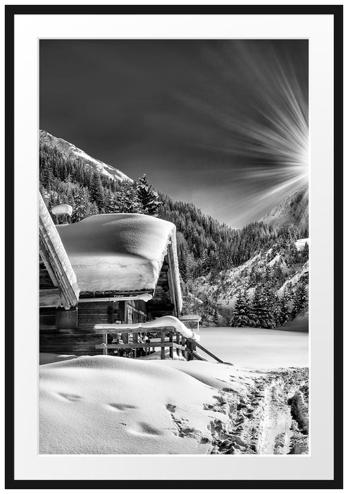 Pixxprint Verschneite Alpenhütte, im Galerie-Passepartout Bilderrahmen