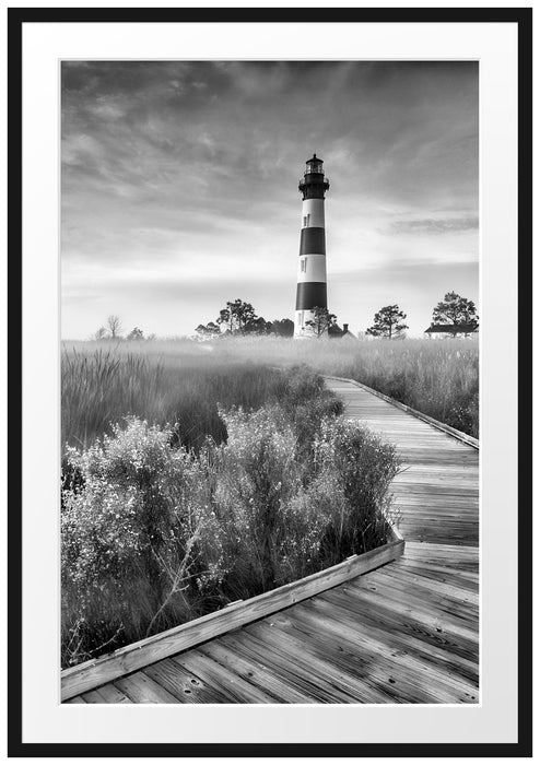 Pixxprint Leuchtturm im Nebel, im Galerie-Passepartout Bilderrahmen