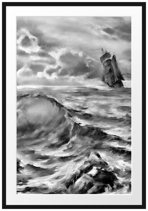 Pixxprint Stürmische See mit Schiff, im Galerie-Passepartout Bilderrahmen
