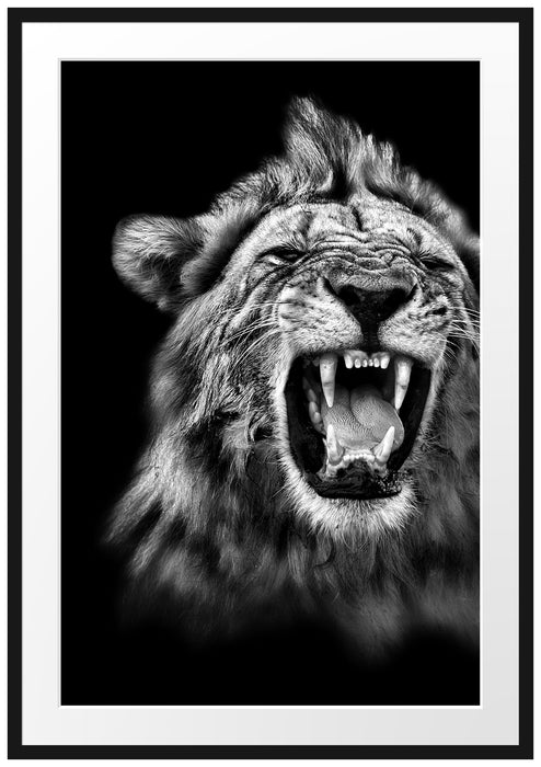 Pixxprint Dark Brüllender Löwe Schwarz-Weiss, im Galerie-Passepartout Bilderrahmen