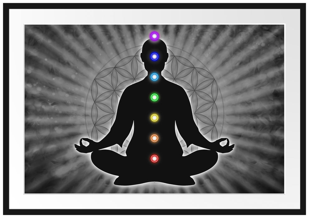 Pixxprint Meditation mit den 7 Chakren, im Galerie-Passepartout Bilderrahmen