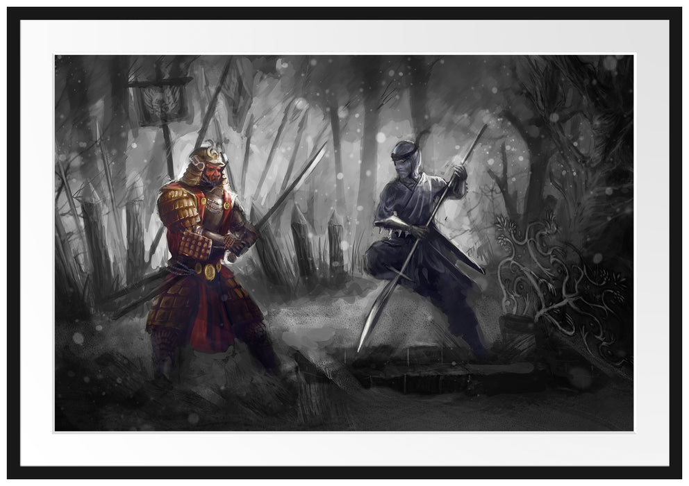 Kampf zwischen Samurai und Ninja Passepartout 100x70