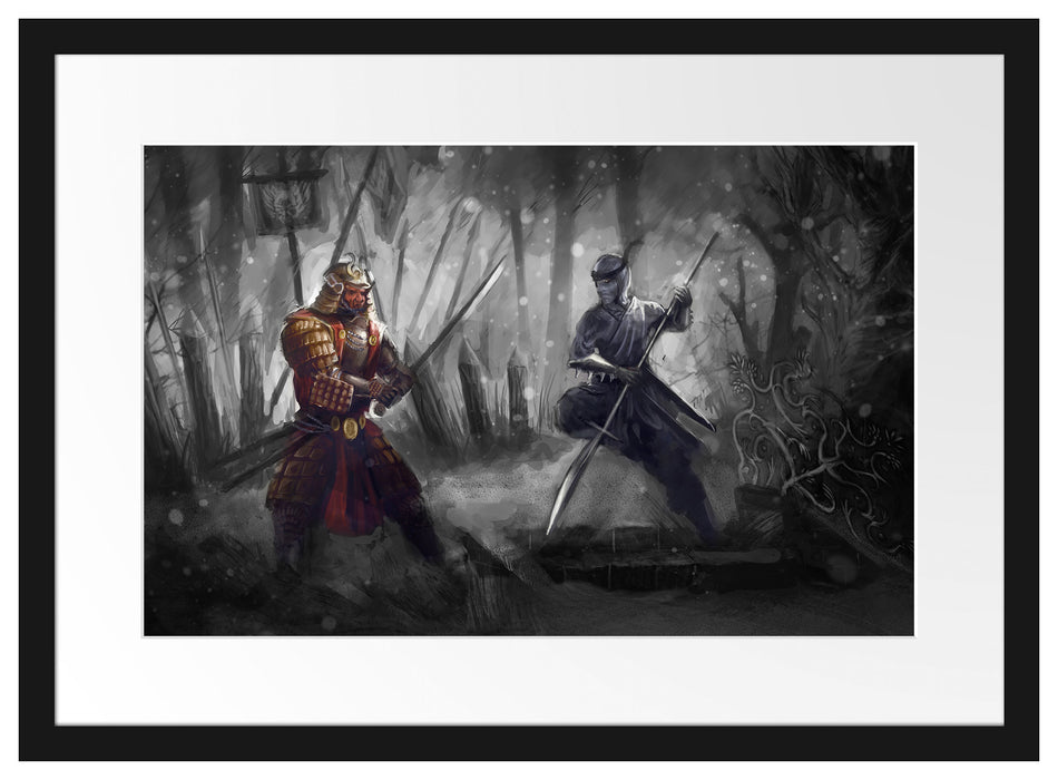 Kampf zwischen Samurai und Ninja Passepartout 55x40