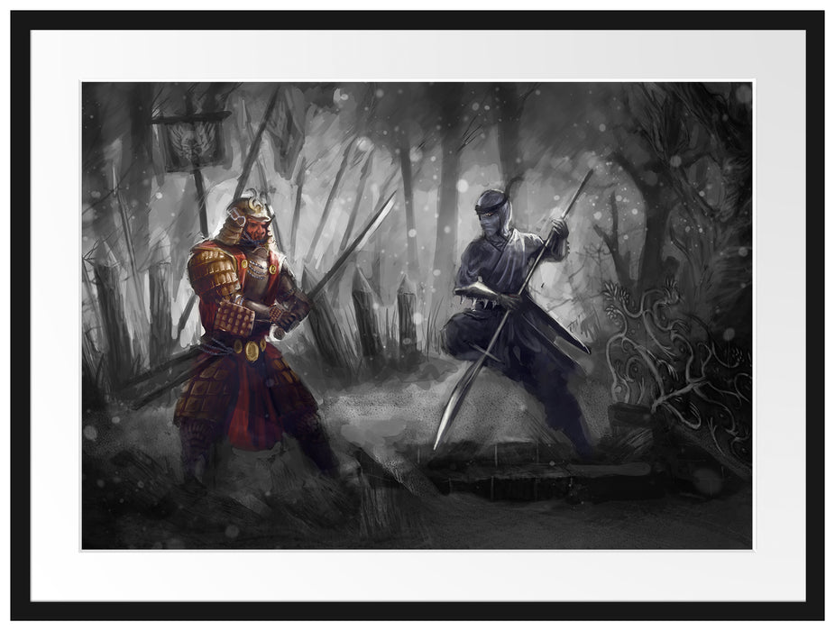 Kampf zwischen Samurai und Ninja Passepartout 80x60
