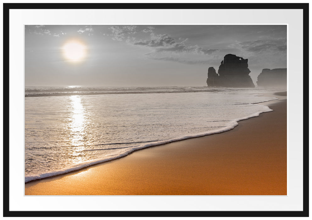 Pixxprint Sonnenuntergang Ozean, im Galerie-Passepartout Bilderrahmen