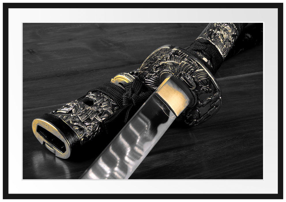 Pixxprint strahlendes Samurai-Schwert, im Galerie-Passepartout Bilderrahmen