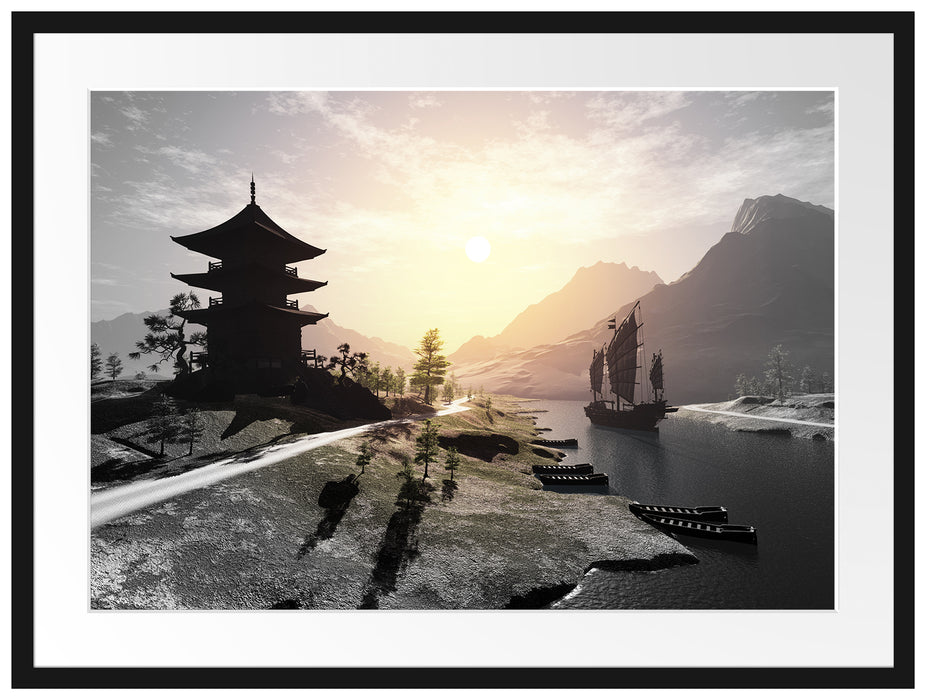 asiatischer Tempel an Fluss Passepartout 80x60