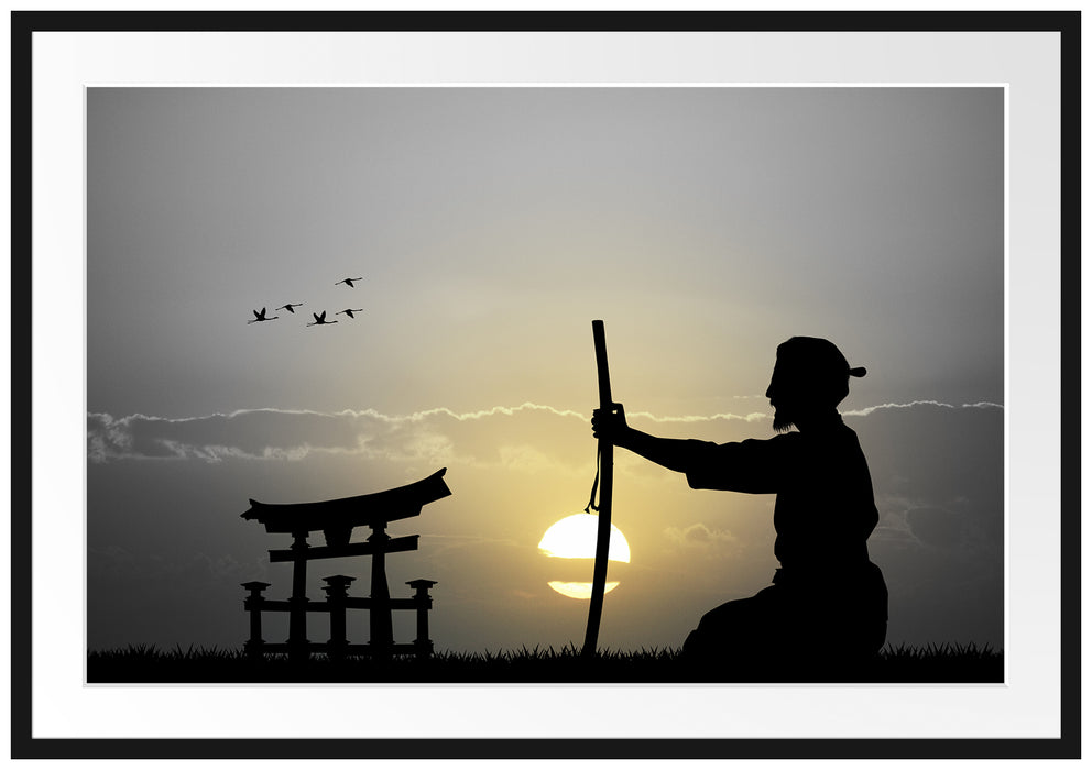 Pixxprint Samurai-Meister vor Horizont, im Galerie-Passepartout Bilderrahmen