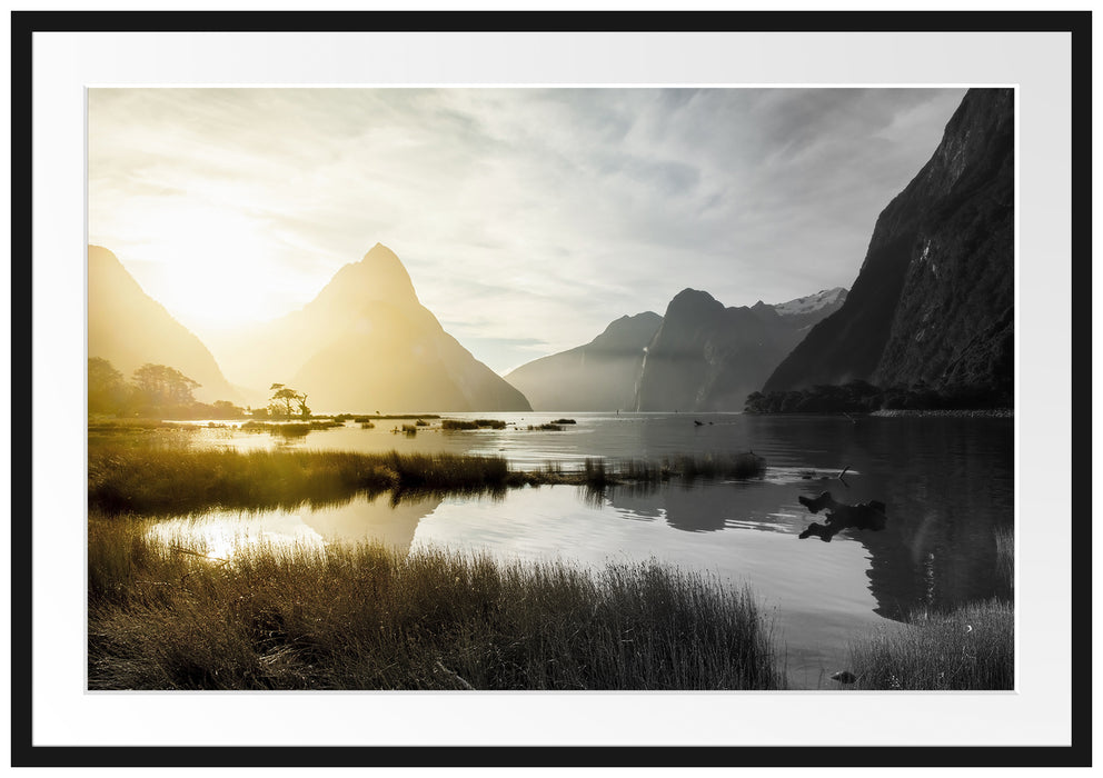 Pixxprint Milford Sound Neuseeland, im Galerie-Passepartout Bilderrahmen