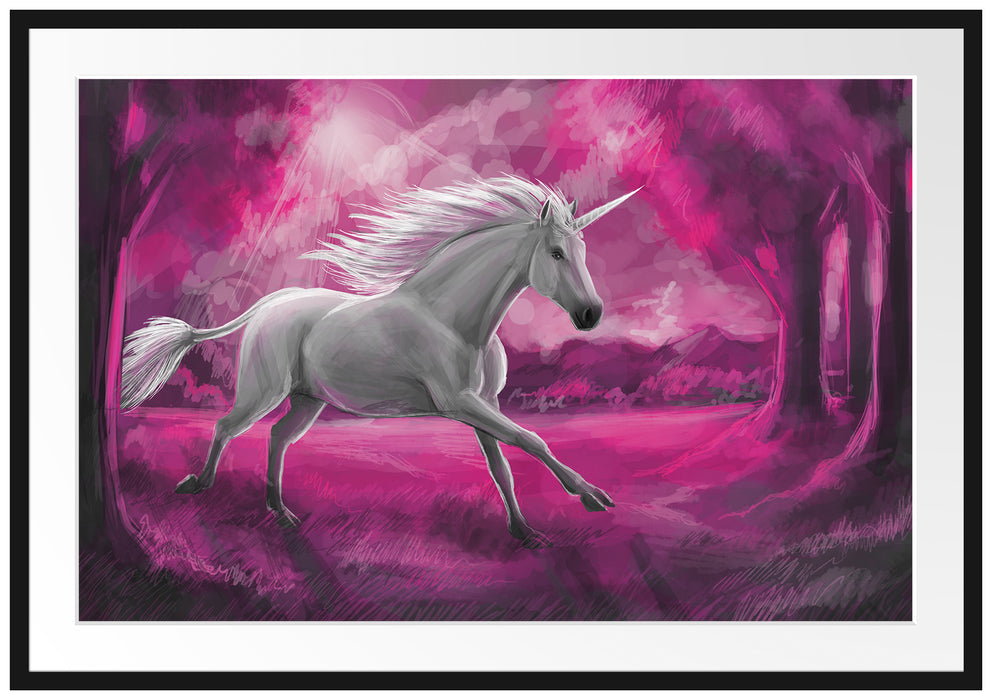 Pixxprint Einhorn im Wald, im Galerie-Passepartout Bilderrahmen
