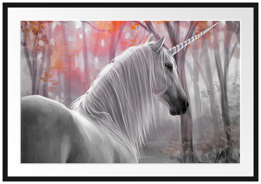 Pixxprint Einsames Einhorn im Wald, im Galerie-Passepartout Bilderrahmen
