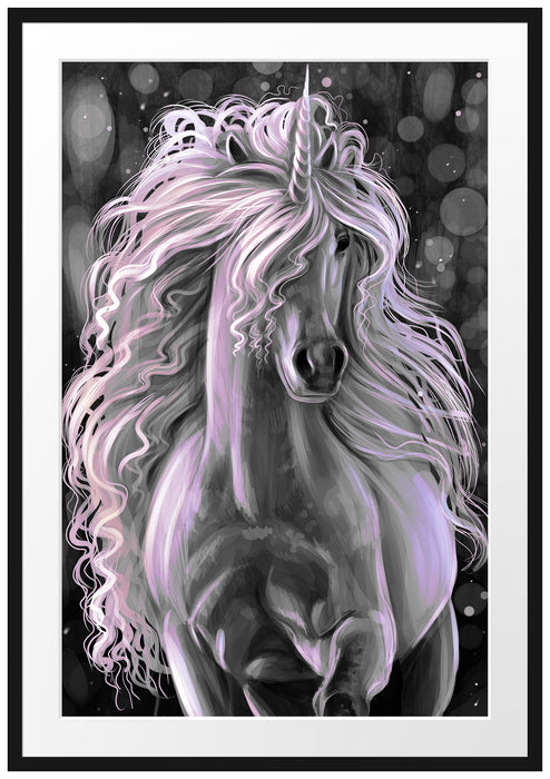 Pixxprint Trabendes weißes Einhorn, im Galerie-Passepartout Bilderrahmen