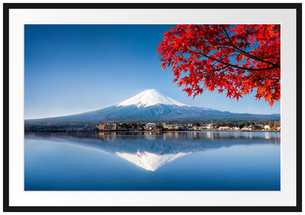 Berg Fujiyama mit herbstlich rotem Baum Passepartout Rechteckig 100