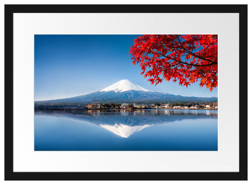 Berg Fujiyama mit herbstlich rotem Baum Passepartout Rechteckig 40
