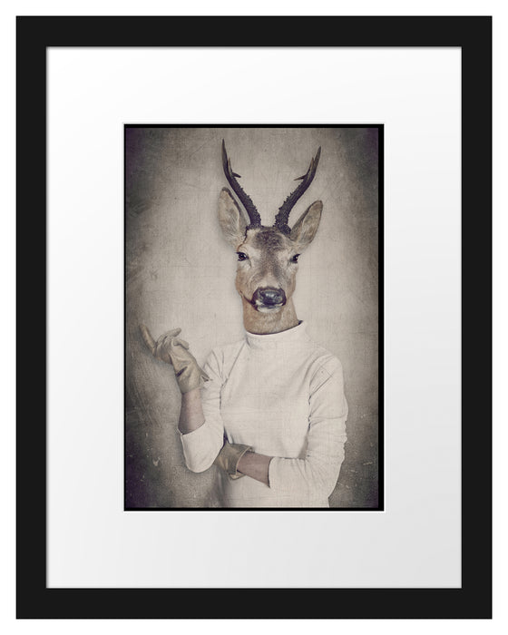 Pixxprint Hirschkopf Menschenkörper im Pullover, im Galerie-Passepartout Bilderrahmen