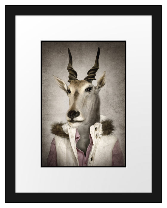 Pixxprint Antilopenkopf mit Menschenkörper, im Galerie-Passepartout Bilderrahmen