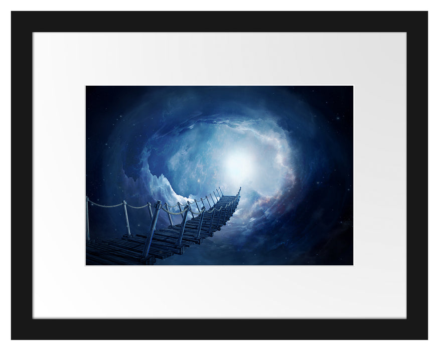 Pixxprint Fantasie Brücke in den Himmel, im Galerie-Passepartout Bilderrahmen