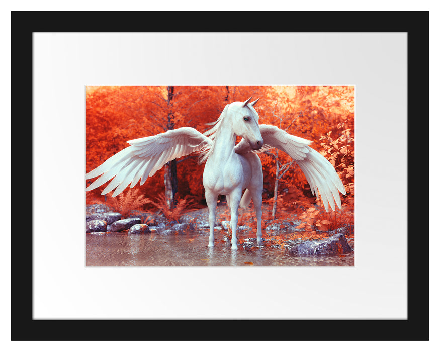 Pixxprint Pegasus im Fluss eines Herbstwaldes, im Galerie-Passepartout Bilderrahmen