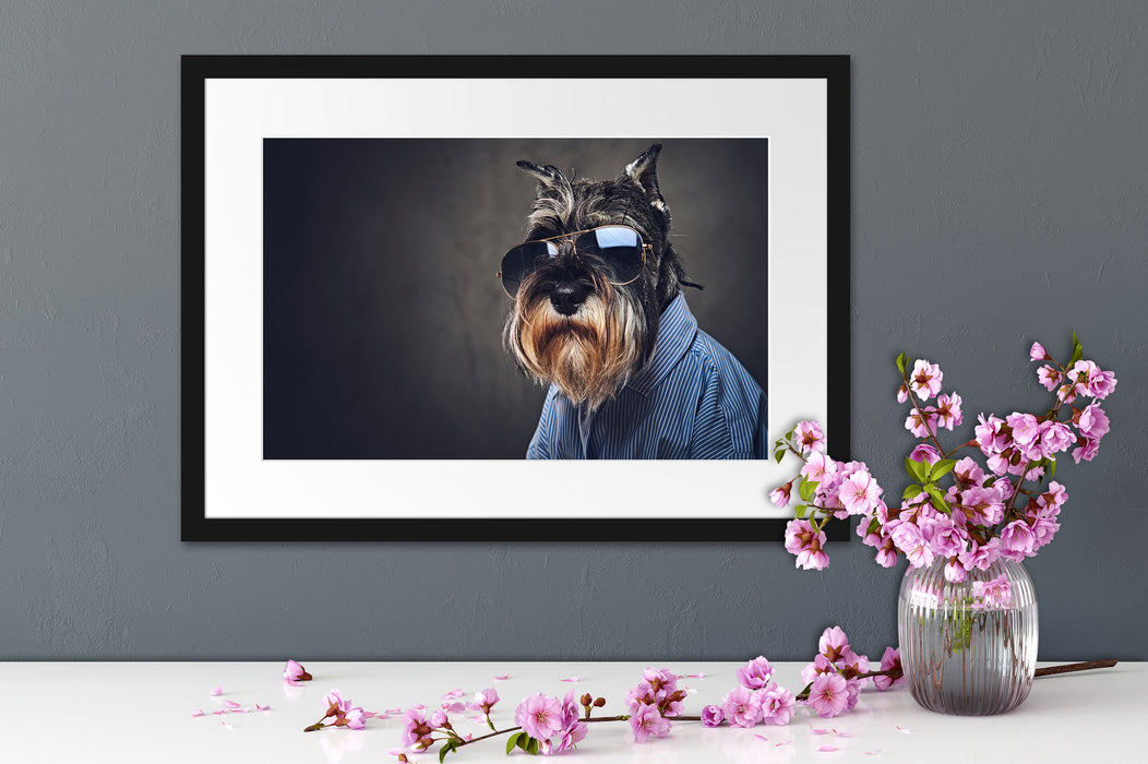 Lustiger Hund mit Hemd und Sonnenbrille Passepartout Detail Rechteckig
