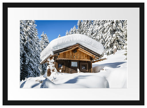 Verschneite Skihütte in Alpenwald Passepartout Rechteckig 40