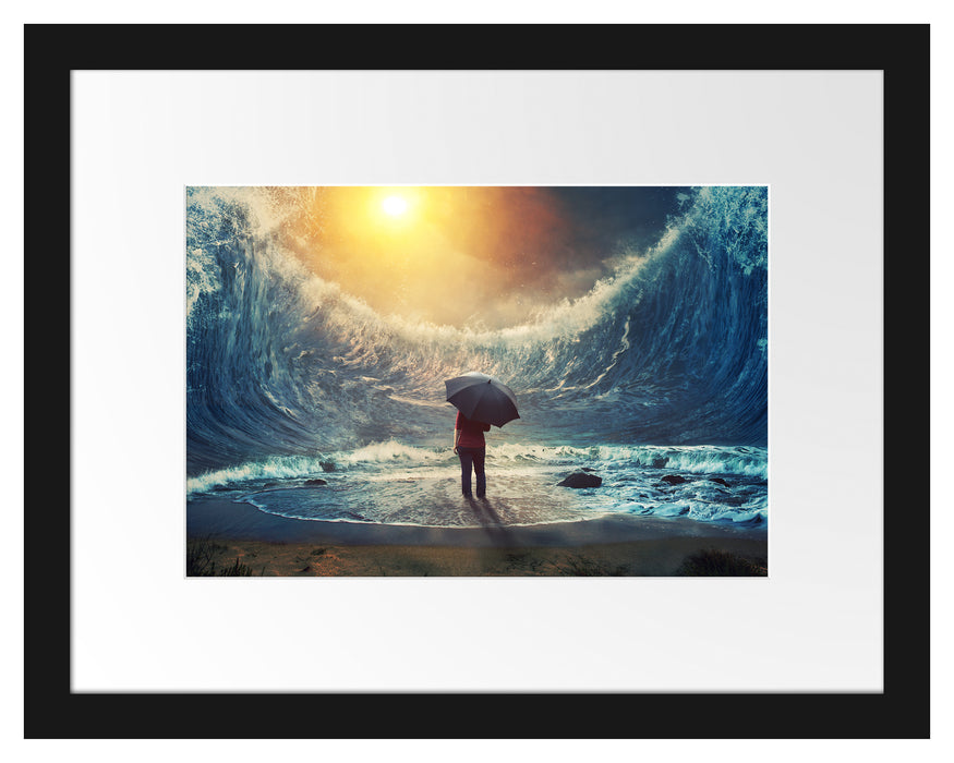 Pixxprint Hohe Wellen um Menschen mit Regenschirm, im Galerie-Passepartout Bilderrahmen