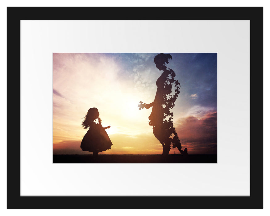 Pixxprint Silhouette Puzzle Mutter und Kind, im Galerie-Passepartout Bilderrahmen